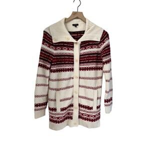 Talbots Womens Cream and Red Fair Isle Button Cardigan Lambswool Medium Petite